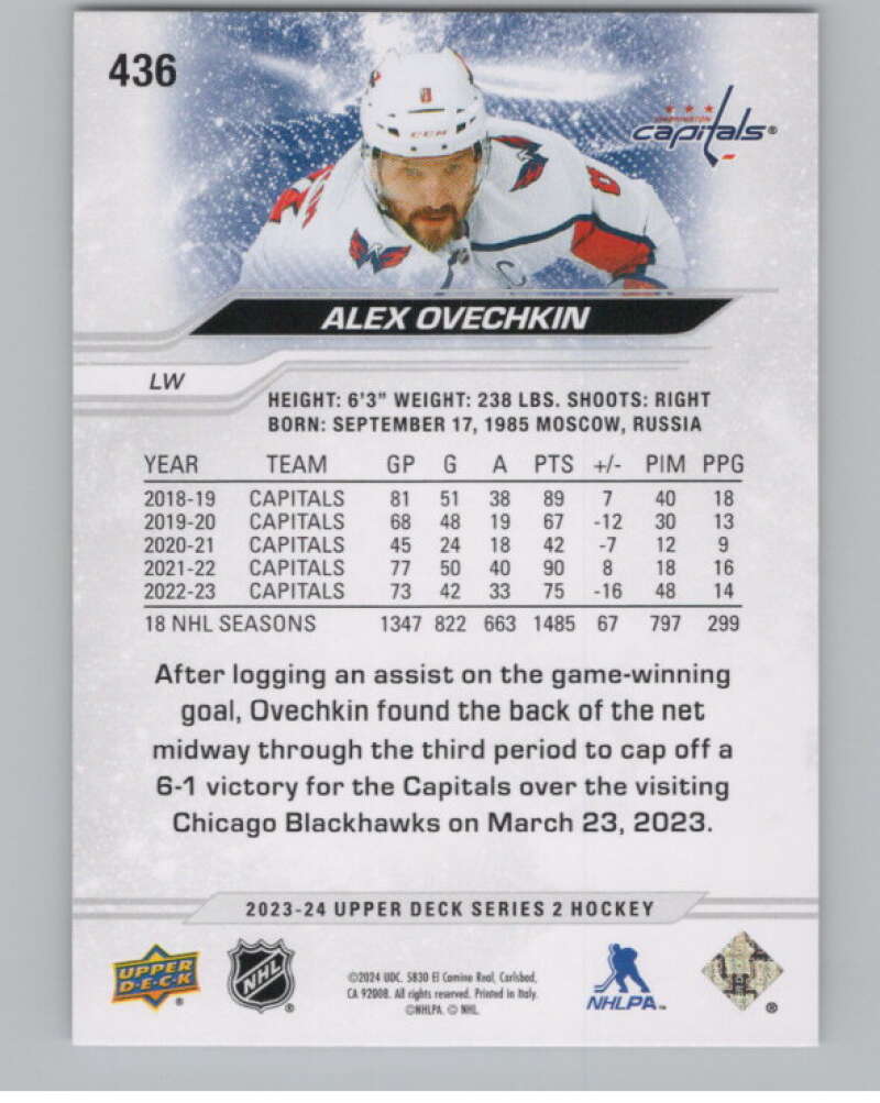 2023-24 Upper Deck #436 Alex Ovechkin  Washington Capitals  V102025 Image 2