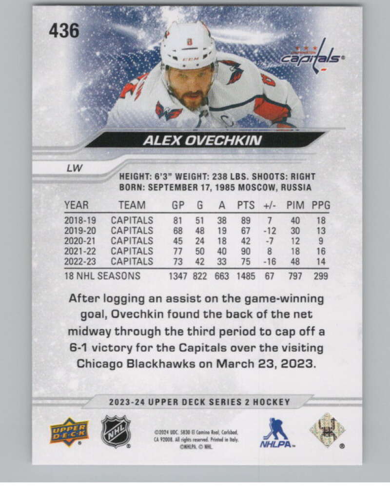 2023-24 Upper Deck #436 Alex Ovechkin  Washington Capitals  V102026 Image 2