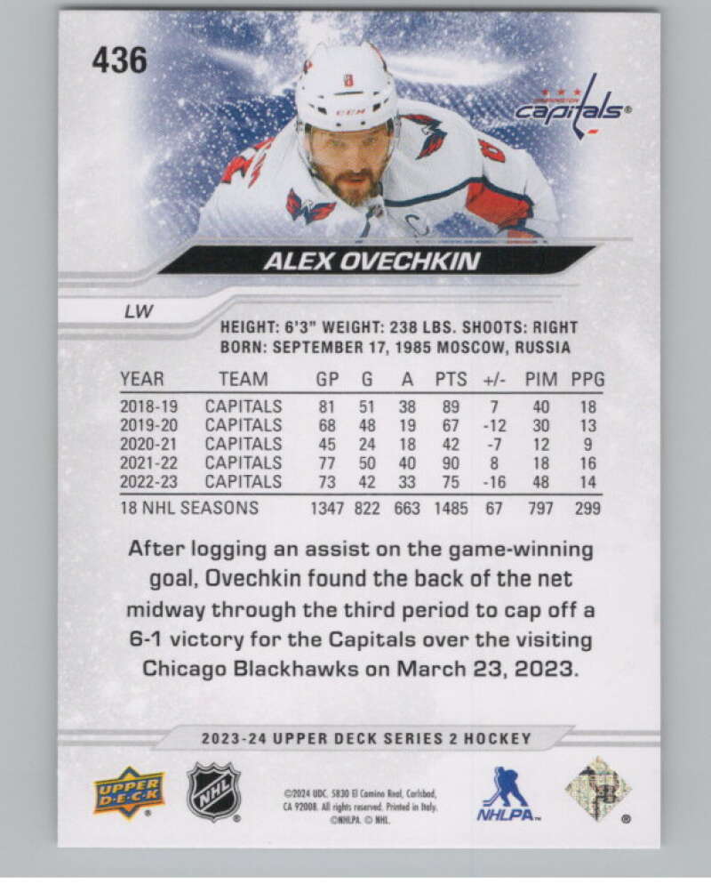2023-24 Upper Deck #436 Alex Ovechkin  Washington Capitals  V102029 Image 2