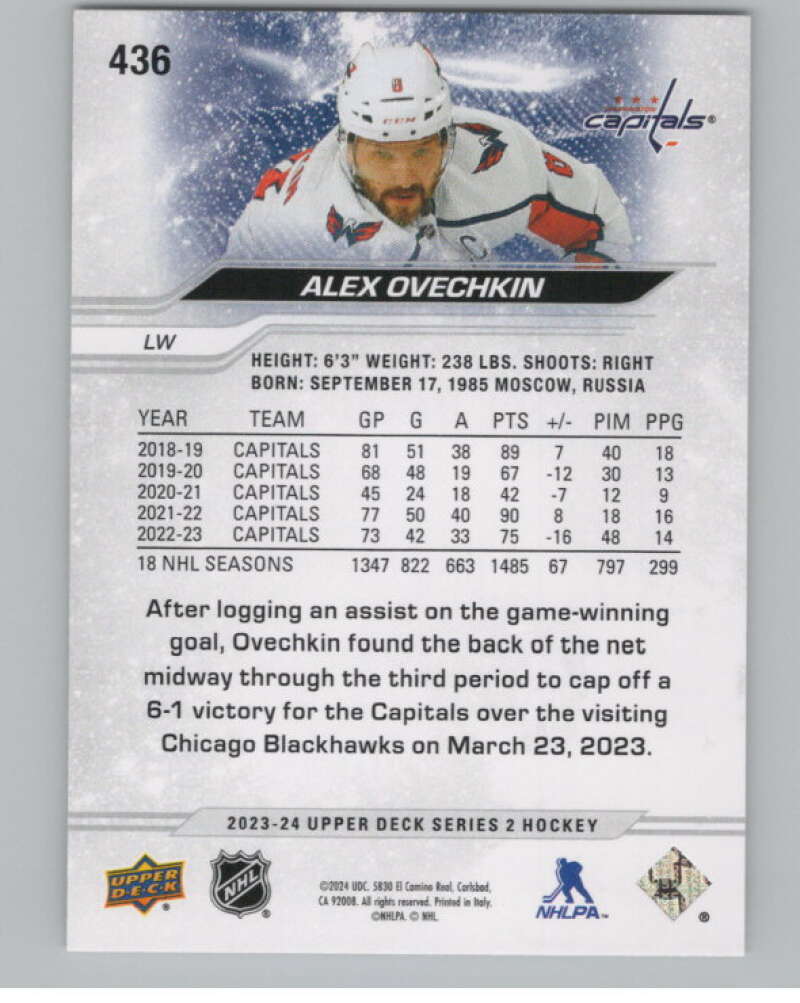 2023-24 Upper Deck #436 Alex Ovechkin  Washington Capitals  V102030 Image 2