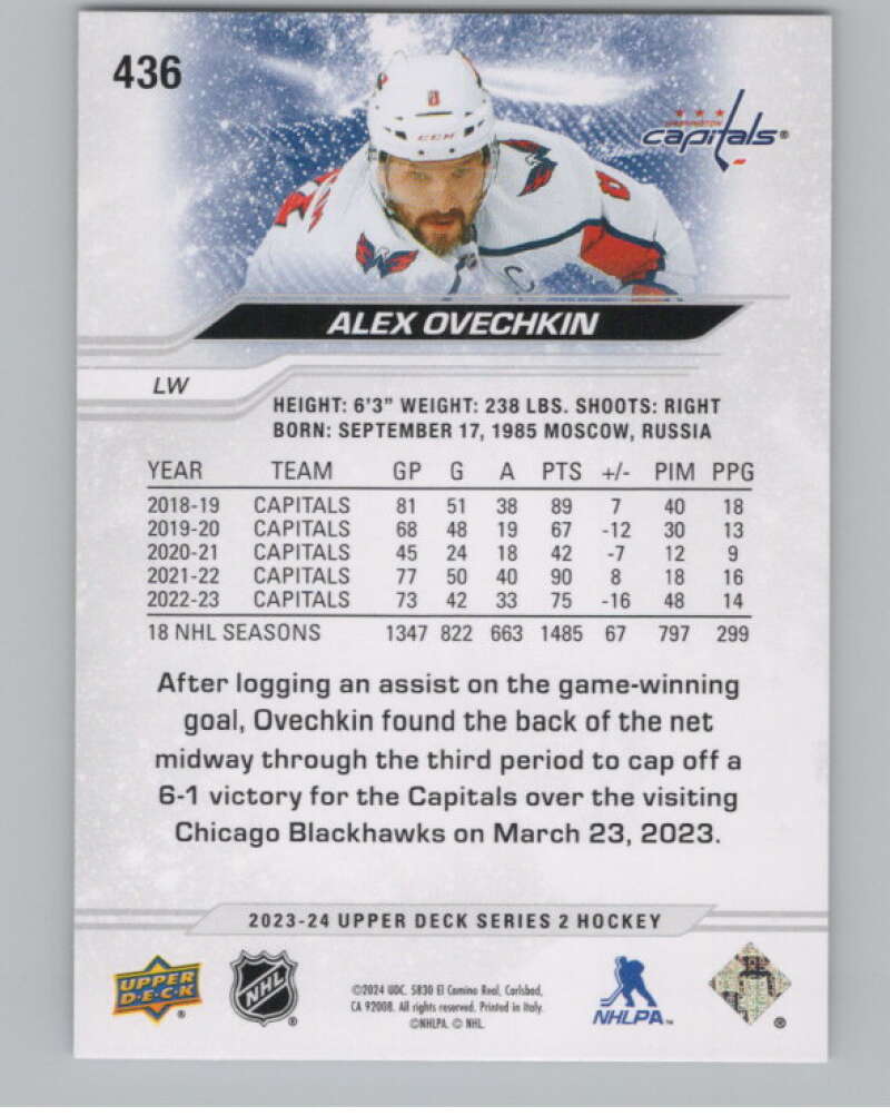 2023-24 Upper Deck #436 Alex Ovechkin  Washington Capitals  V102031 Image 2