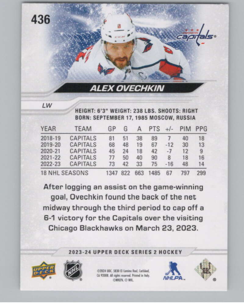 2023-24 Upper Deck #436 Alex Ovechkin  Washington Capitals  V102033 Image 2
