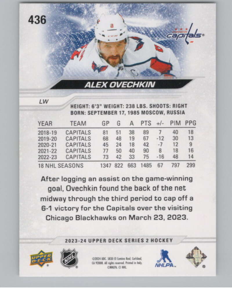 2023-24 Upper Deck #436 Alex Ovechkin  Washington Capitals  V102034 Image 2