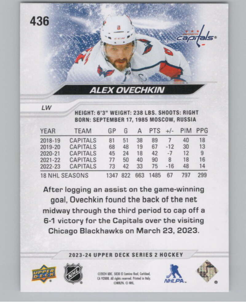 2023-24 Upper Deck #436 Alex Ovechkin  Washington Capitals  V102035 Image 2