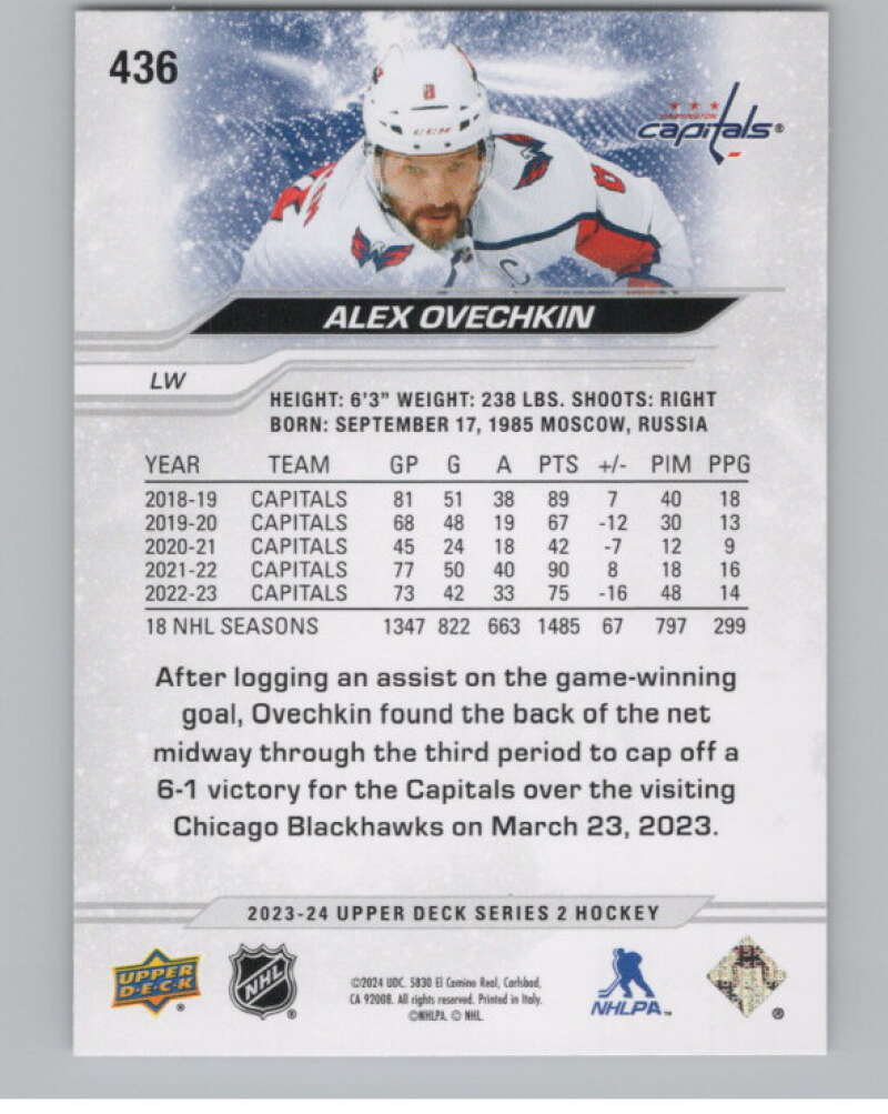 2023-24 Upper Deck #436 Alex Ovechkin  Washington Capitals  V102036 Image 2