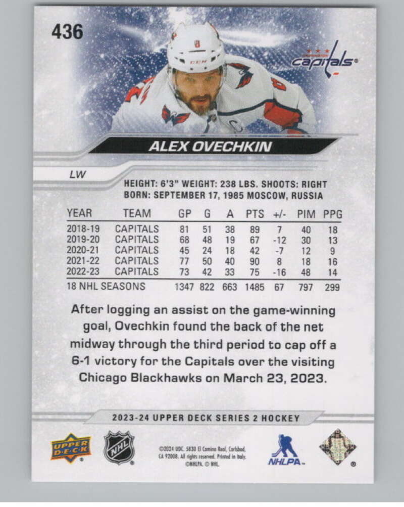 2023-24 Upper Deck #436 Alex Ovechkin  Washington Capitals  V102038 Image 2
