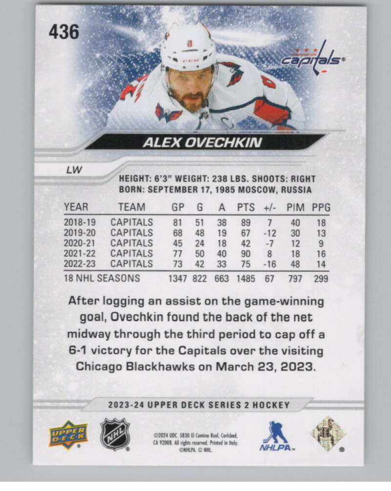 2023-24 Upper Deck #436 Alex Ovechkin  Washington Capitals  V102039 Image 2