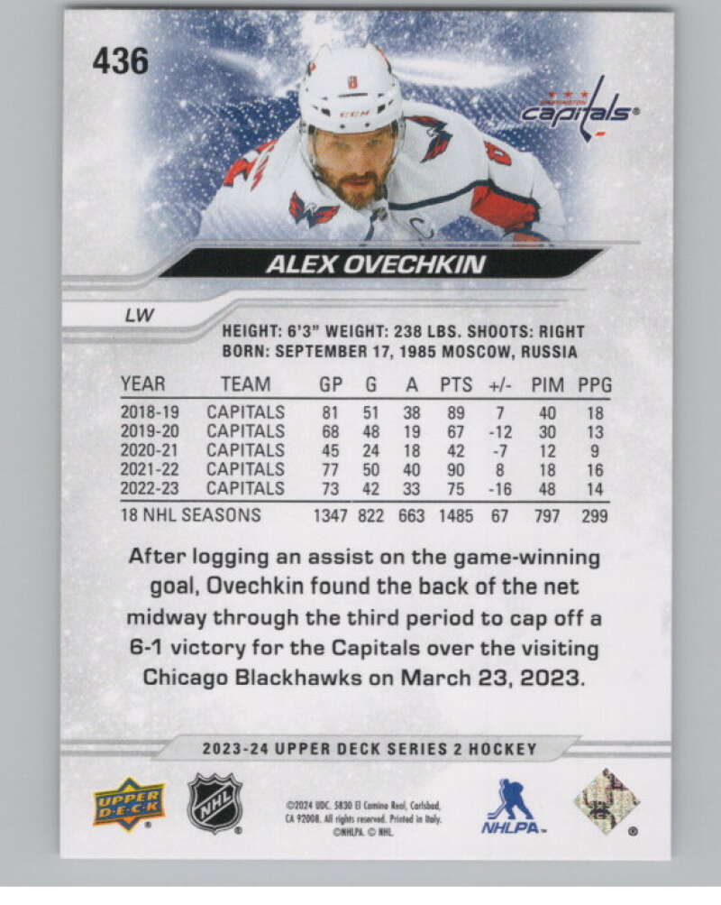 2023-24 Upper Deck #436 Alex Ovechkin  Washington Capitals  V102040 Image 2