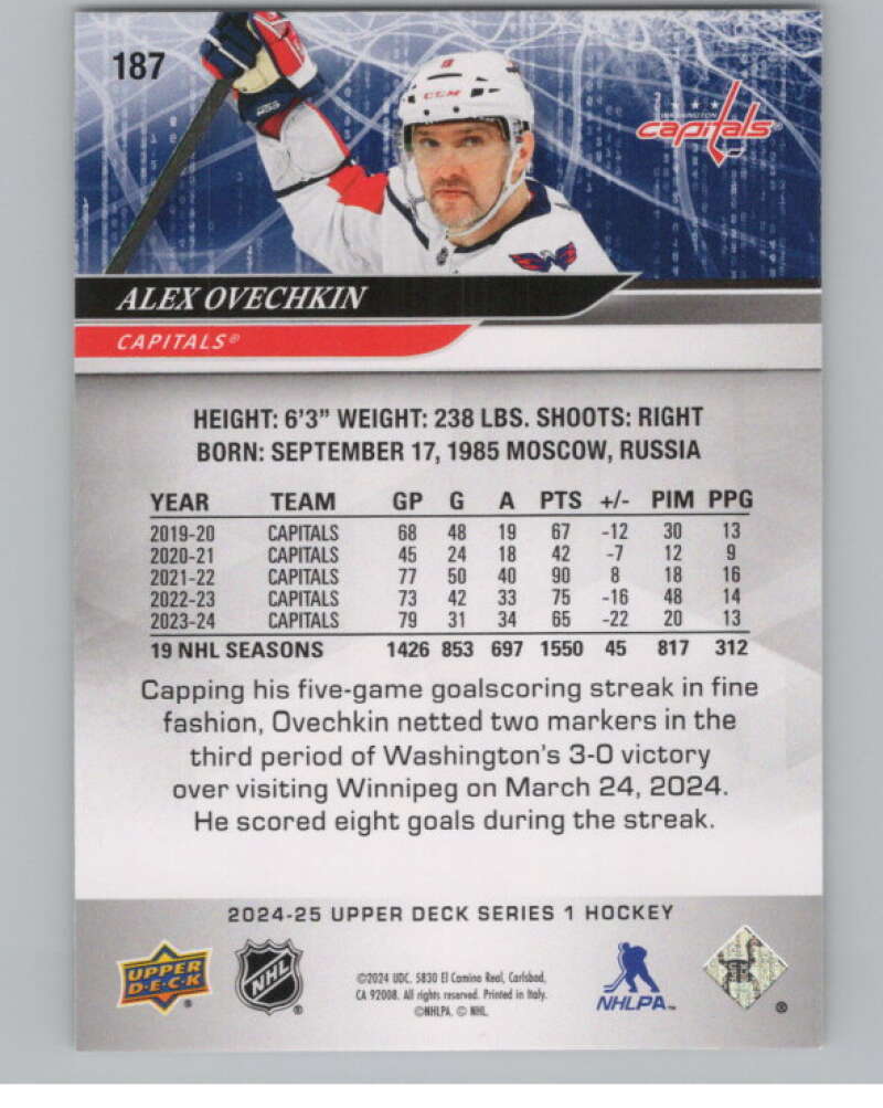 2024-25 Upper Deck #187 Alex Ovechkin  Washington Capitals  V102067 Image 2