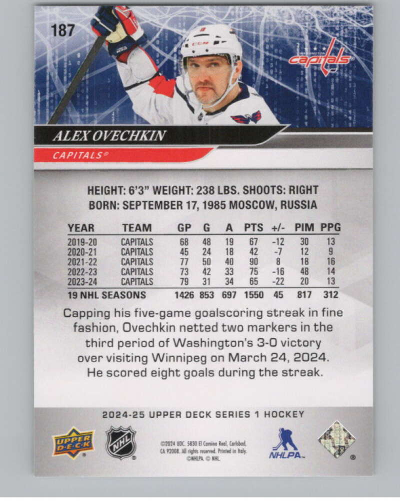2024-25 Upper Deck #187 Alex Ovechkin  Washington Capitals  V102069 Image 2