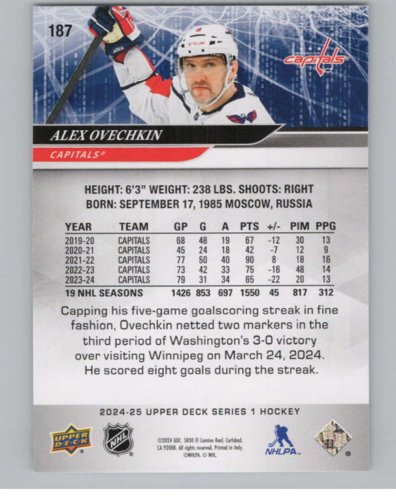 2024-25 Upper Deck #187 Alex Ovechkin  Washington Capitals  V102072 Image 2