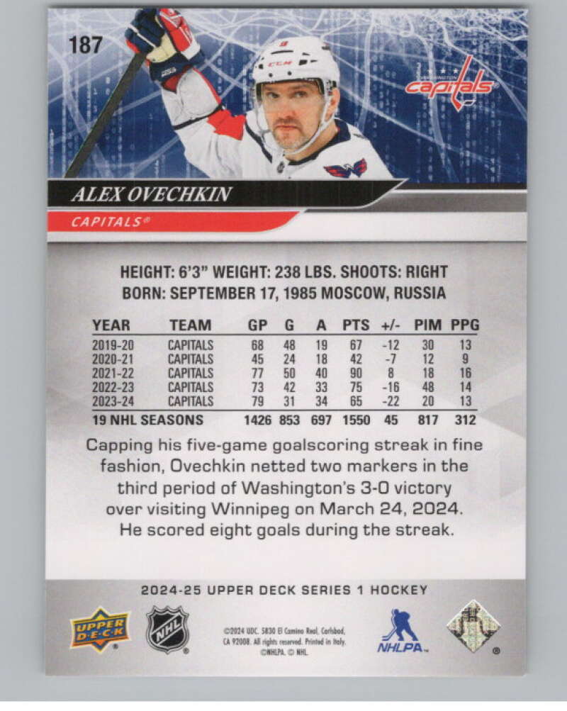 2024-25 Upper Deck #187 Alex Ovechkin  Washington Capitals  V102074 Image 2