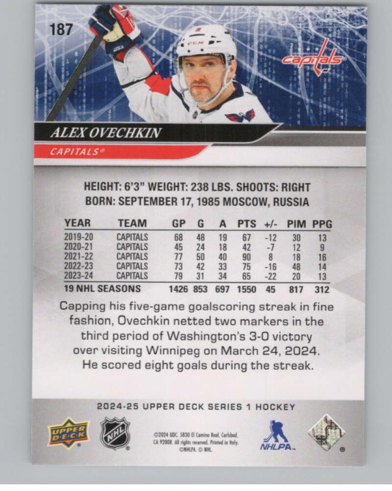 2024-25 Upper Deck #187 Alex Ovechkin  Washington Capitals  V102075 Image 2
