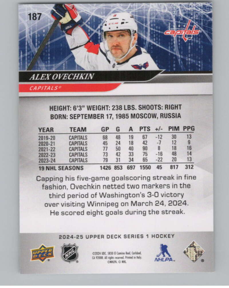 2024-25 Upper Deck #187 Alex Ovechkin  Washington Capitals  V102077 Image 2