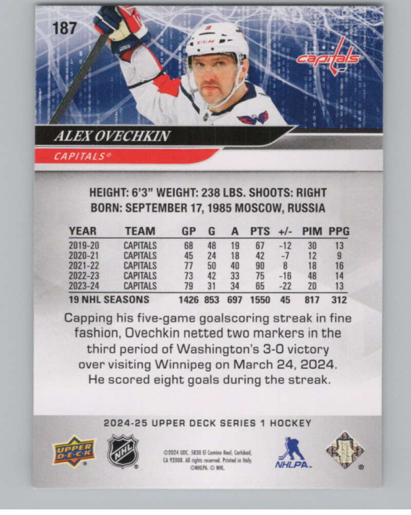 2024-25 Upper Deck #187 Alex Ovechkin  Washington Capitals  V102078 Image 2