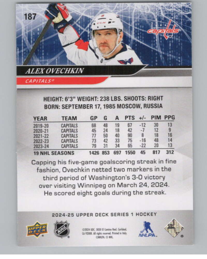2024-25 Upper Deck #187 Alex Ovechkin  Washington Capitals  V102079 Image 2