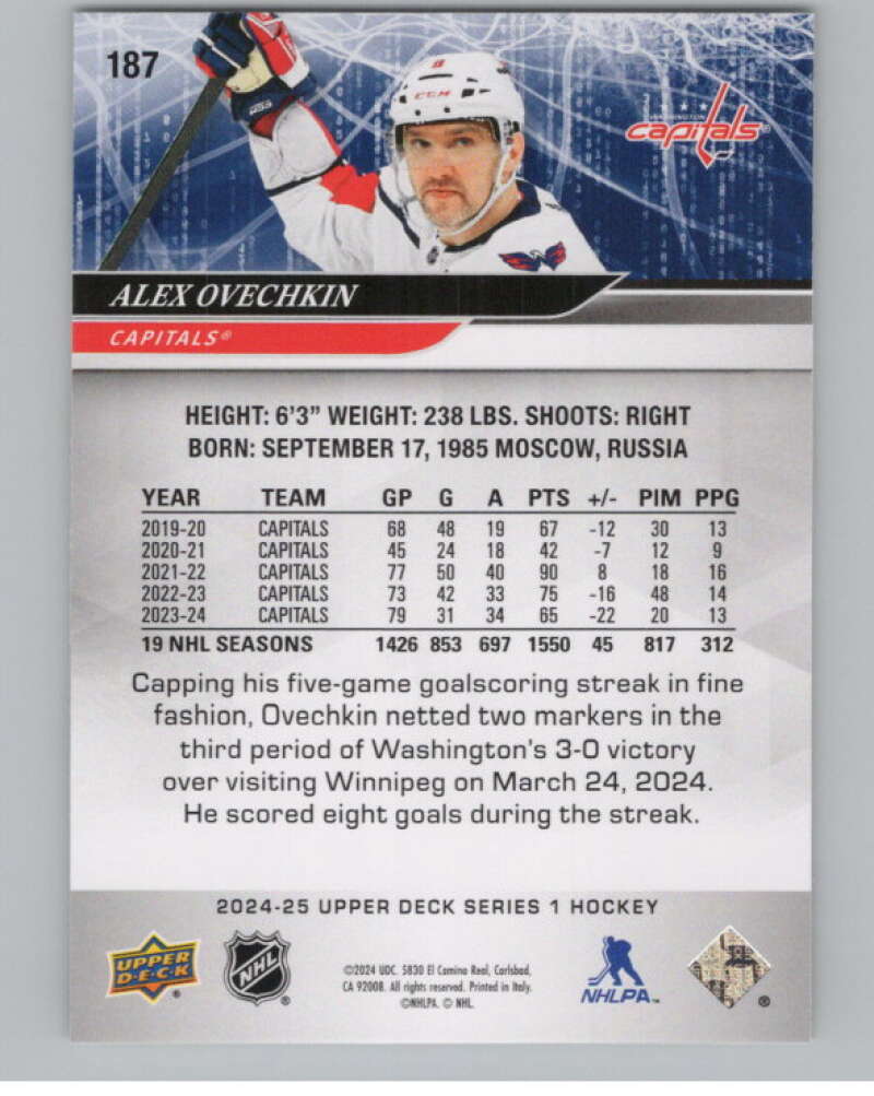 2024-25 Upper Deck #187 Alex Ovechkin  Washington Capitals  V102080 Image 2