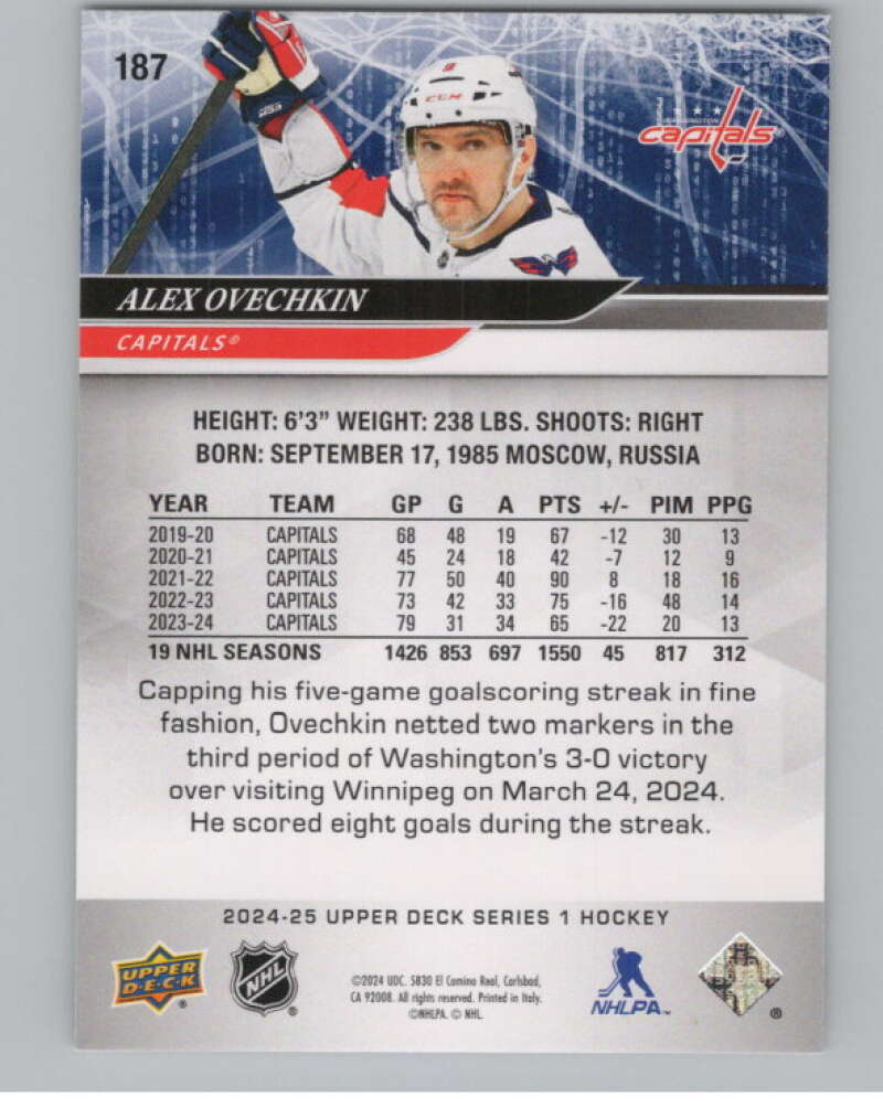 2024-25 Upper Deck #187 Alex Ovechkin  Washington Capitals  V102082 Image 2