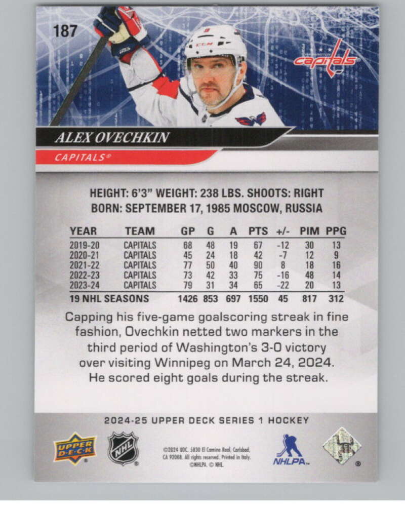 2024-25 Upper Deck #187 Alex Ovechkin  Washington Capitals  V102083 Image 2