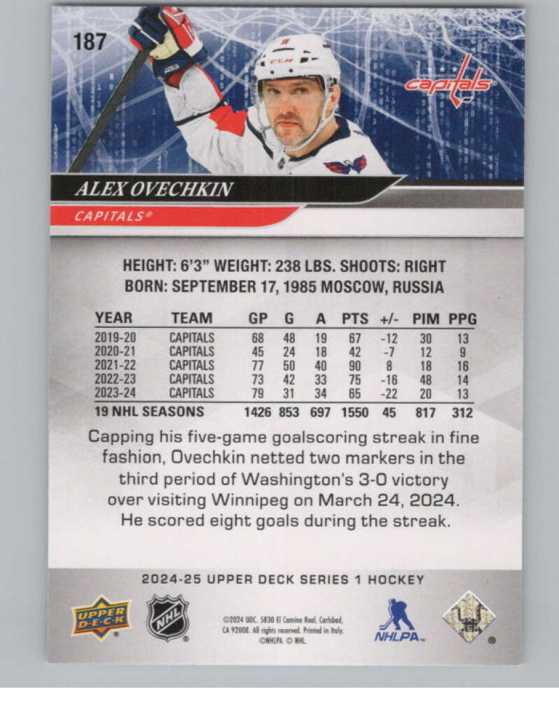 2024-25 Upper Deck #187 Alex Ovechkin  Washington Capitals  V102084 Image 2