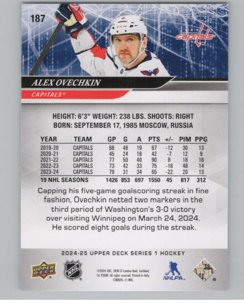 2024-25 Upper Deck #187 Alex Ovechkin  Washington Capitals  V102085 Image 2