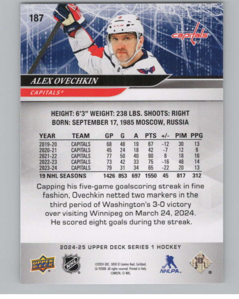2024-25 Upper Deck #187 Alex Ovechkin  Washington Capitals  V102086 Image 2
