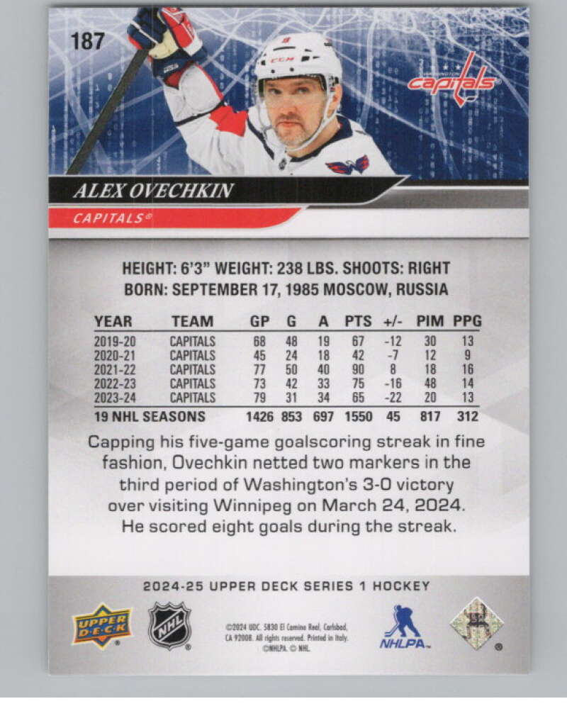 2024-25 Upper Deck #187 Alex Ovechkin  Washington Capitals  V102090 Image 2