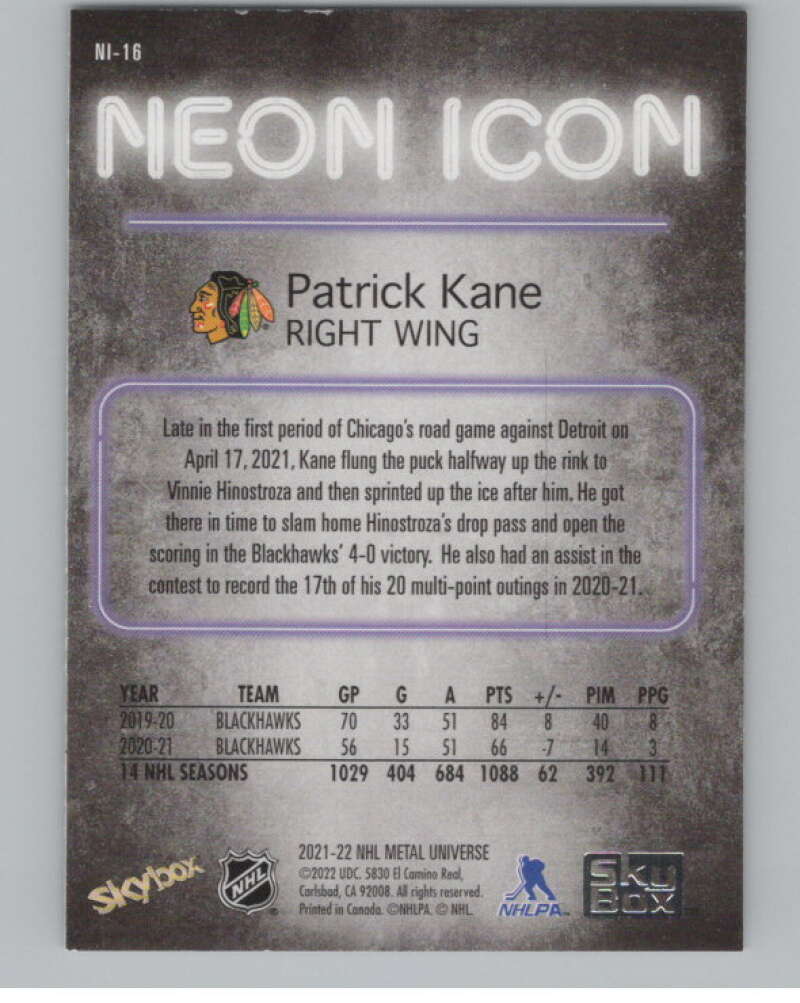 2021-22 Skybox Metal Universe Neon Icon #NI-16 Patrick Kane  V102118 Image 2