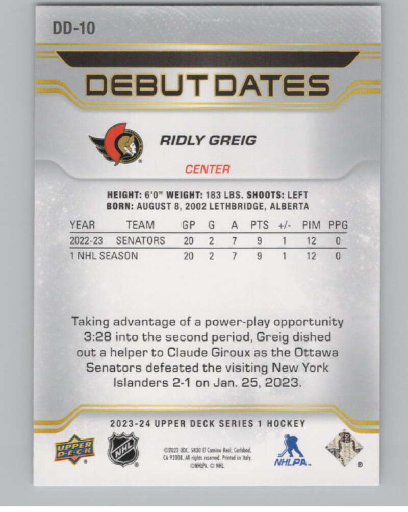 2023-24 Upper Deck Debut Dates #DD-10 Ridly Greig  Ottawa Senators  V102121 Image 2