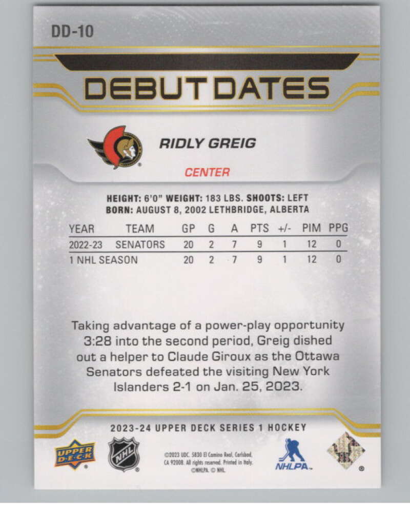 2023-24 Upper Deck Debut Dates #DD-10 Ridly Greig  Ottawa Senators  V102122 Image 2