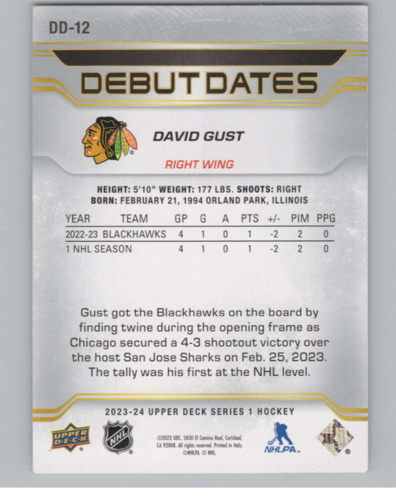 2023-24 Upper Deck Debut Dates #DD-12 David Gust  Chicago Blackhawks  V102123 Image 2