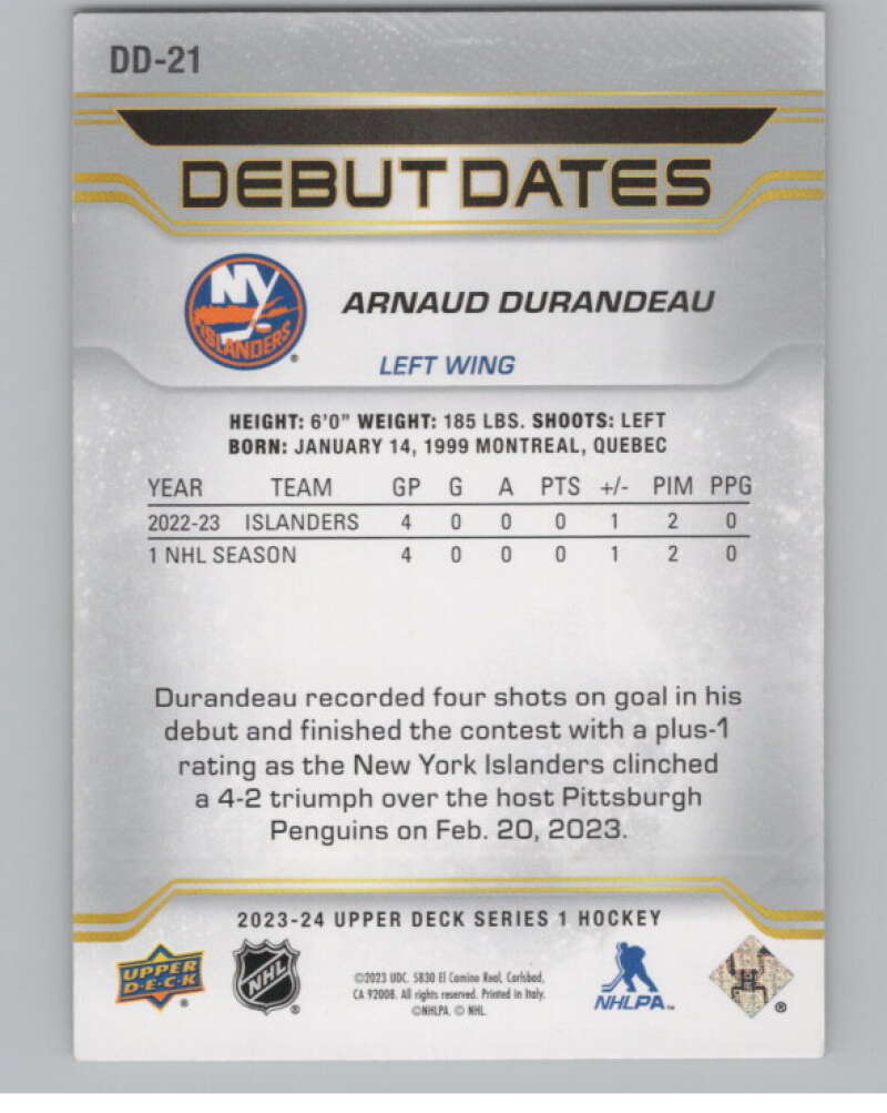 2023-24 Upper Deck Debut Dates #DD-21 Arnaud Durandeau Islanders  V102124 Image 2