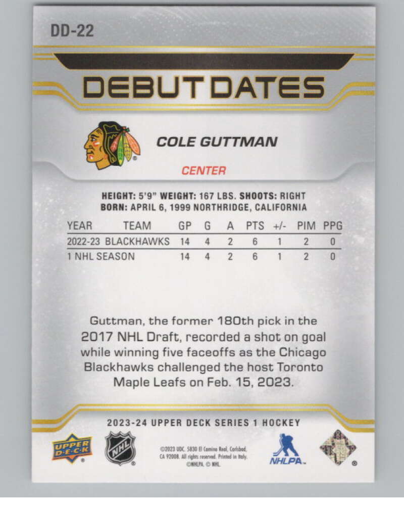 2023-24 Upper Deck Debut Dates #DD-22 Cole Guttman  Chicago Blackhawks  V102125 Image 2
