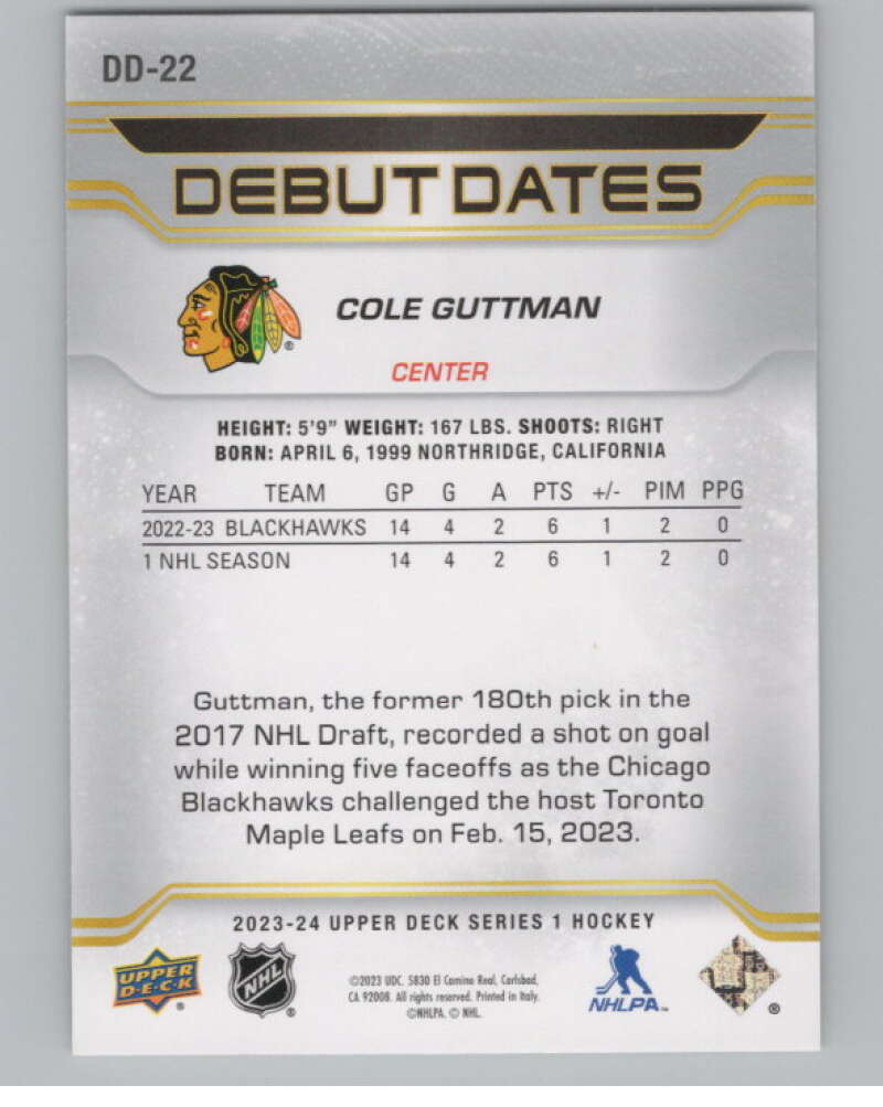 2023-24 Upper Deck Debut Dates #DD-22 Cole Guttman  Chicago Blackhawks  V102126 Image 2