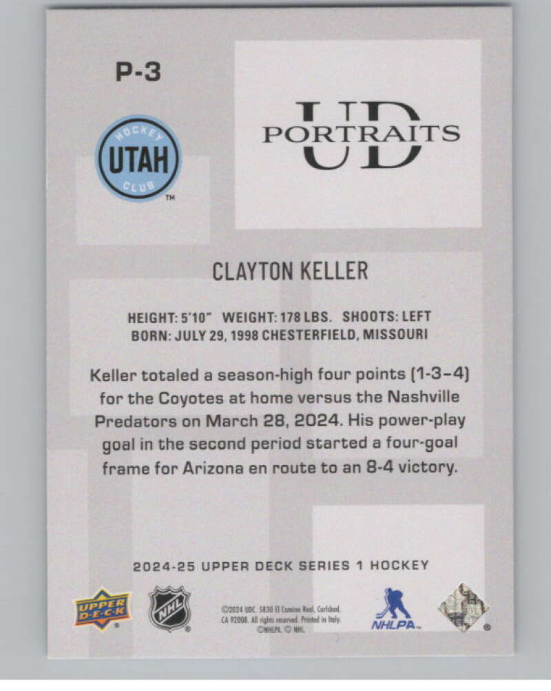 2024-25 Upper Deck UD Portraits #P-3 Clayton Keller  RC Rookie Coyotes  V102153 Image 2