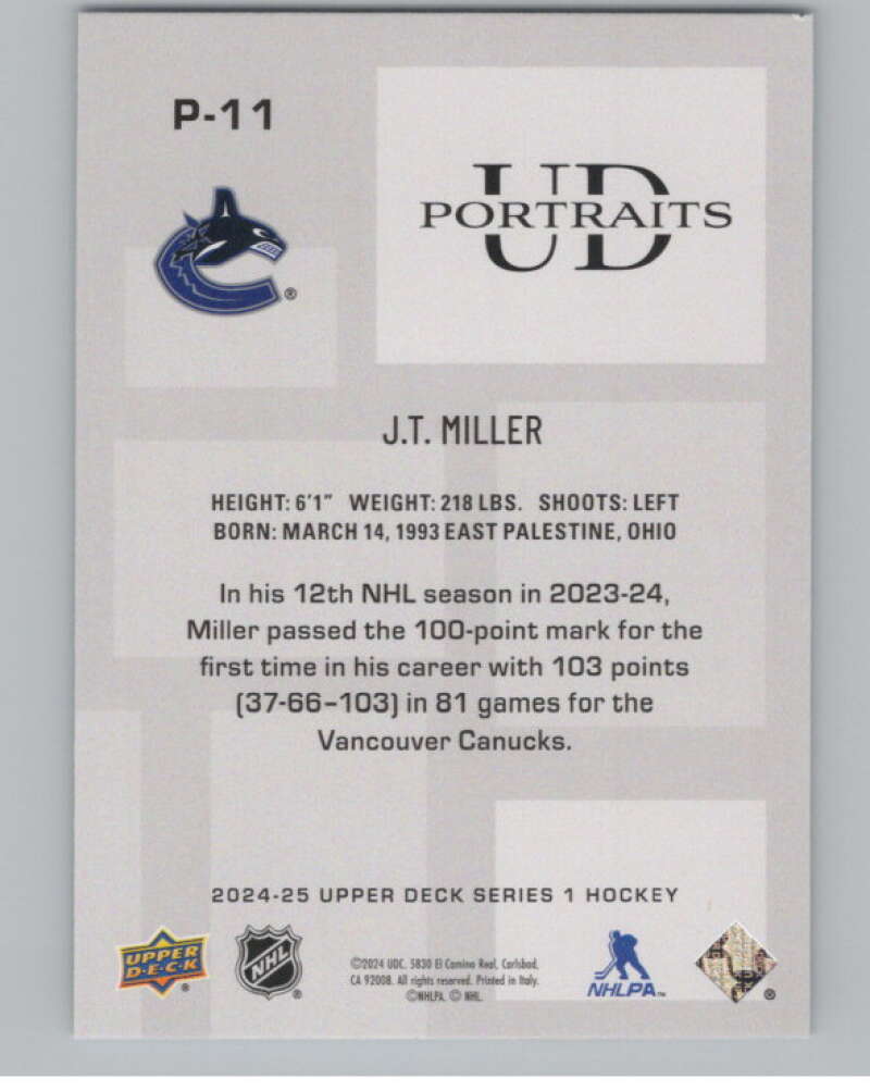 2024-25 Upper Deck UD Portraits #P-11 J.T. Miller  RC Rookie Canucks  V102157 Image 2