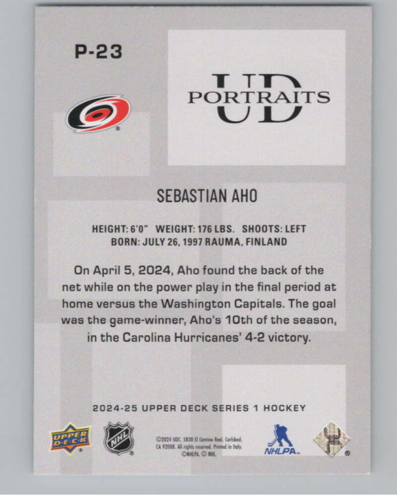 2024-25 Upper Deck UD Portraits #P-23 Sebastian Aho  Carolina Hurricanes  V102160 Image 2