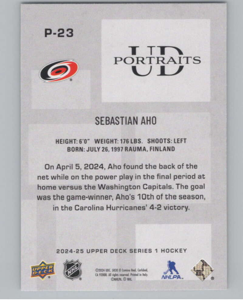 2024-25 Upper Deck UD Portraits #P-23 Sebastian Aho  Carolina Hurricanes  V102161 Image 2