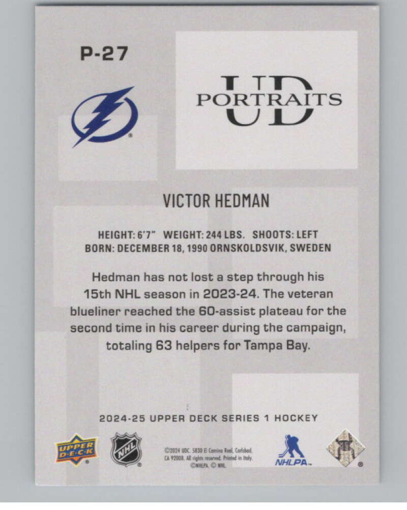2024-25 Upper Deck UD Portraits #P-27 Victor Hedman  Tampa Bay Lightning  V102164 Image 2