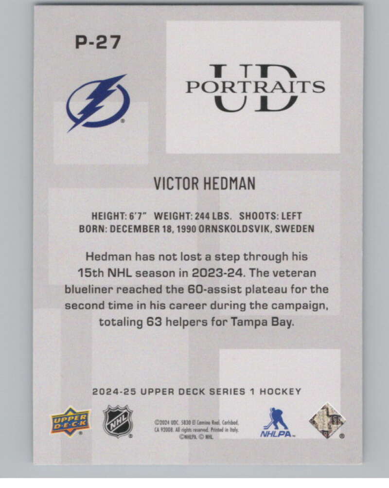 2024-25 Upper Deck UD Portraits #P-27 Victor Hedman  Tampa Bay Lightning  V102165 Image 2