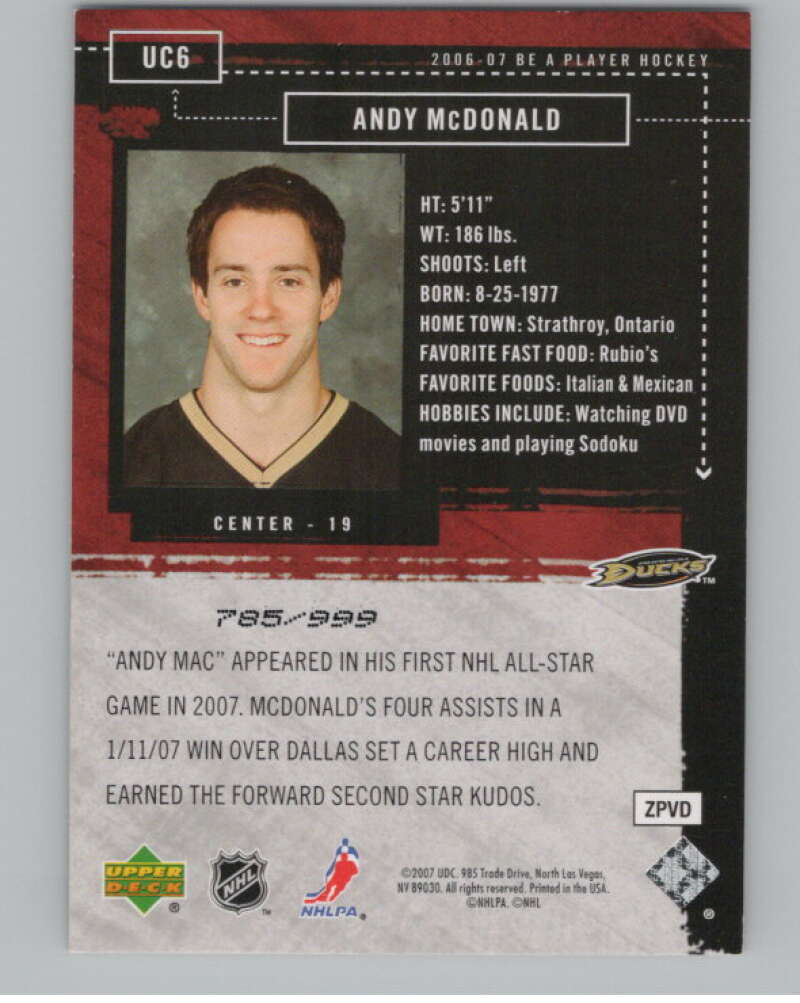 2006-07 Be A Player Up Close and Personal #UC6 Andy McDonald 785/999  V102204 Image 2