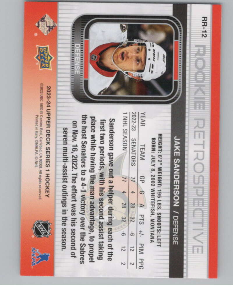 2023-24 Upper Deck Rookie Retrospective #RR-12 Jake Sanderson Senators  V102205 Image 2