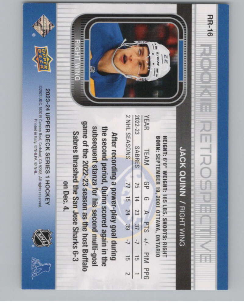 2023-24 Upper Deck Rookie Retrospective #RR-16 Jack Quinn Sabres  V102206 Image 2