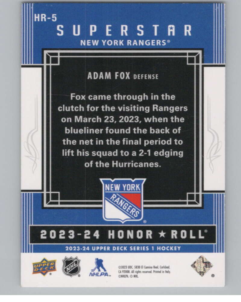 2023-24 Upper Deck Honor Roll #HR-5 Adam Fox  New York Rangers  V102210 Image 2