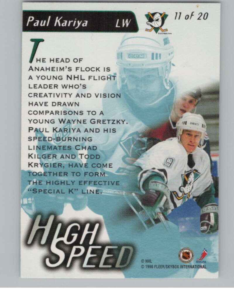1995-96 Fleer Ultra High Speed #11 Paul Kariya  Anaheim Ducks  V102220 Image 2