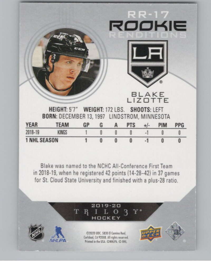 2019-20 Upper Deck Trilogy Rookie Renditions #RR-17 Blake Lizotte Kings  V102225 Image 2
