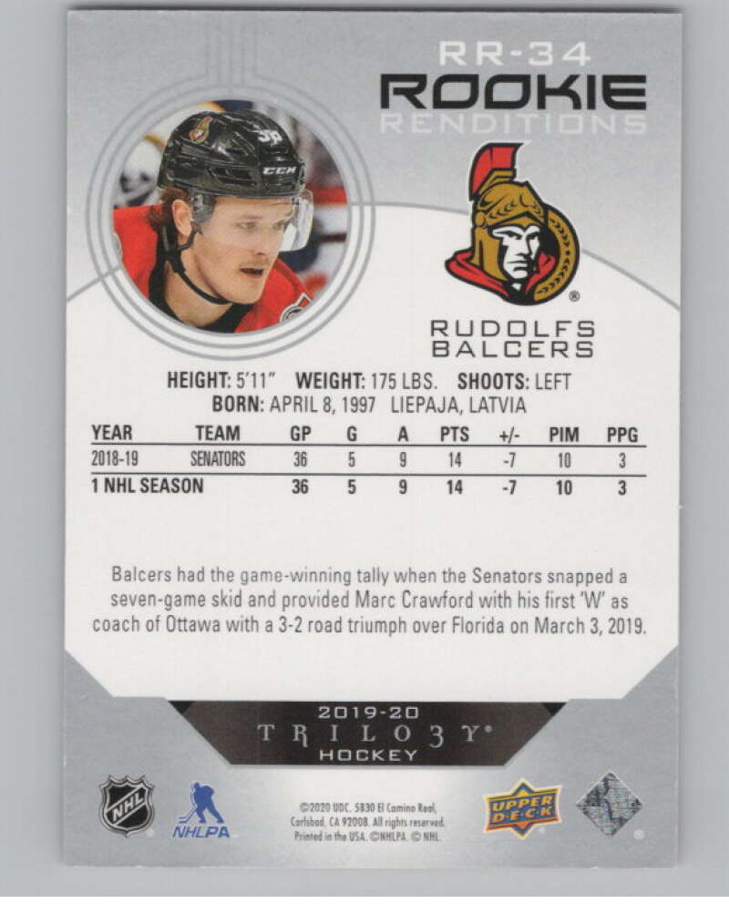 2019-20 Upper Deck Trilogy Rookie Renditions #RR-34 Rudolfs Balcers  V102226 Image 2