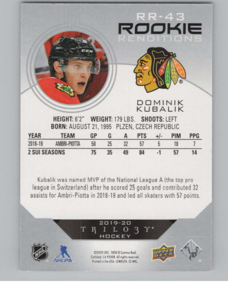 2019-20 Upper Deck Trilogy Rookie Renditions #RR-43 Dominik Kubalik  V102227 Image 2