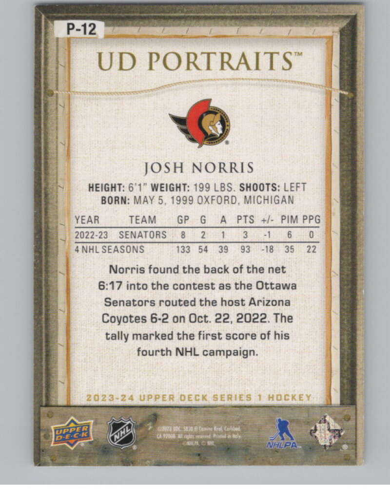 2023-24 Upper Deck UD Portraits #P-12 Josh Norris  Ottawa Senators  V102229 Image 2