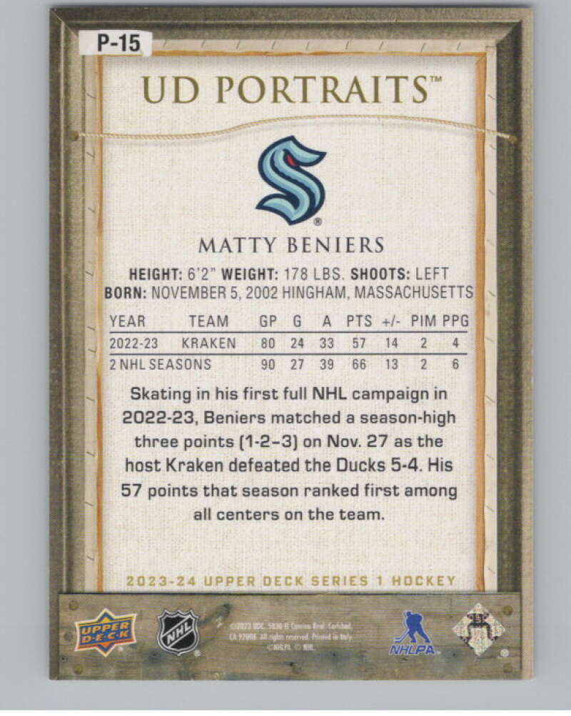 2023-24 Upper Deck UD Portraits #P-15 Matty Beniers  Seattle Kraken  V102230 Image 2